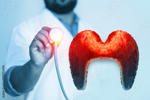 Doctor check and diagnose the thyroid gland on blurred background. 3d illustration