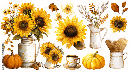 Victor cartoon clipart vintage fall captures cozy autumn harvest theme clipart, featuring small fall flowers, bright sunflowers, burlap textures, shabby chic style, elegant seasonal accents, isolated 
