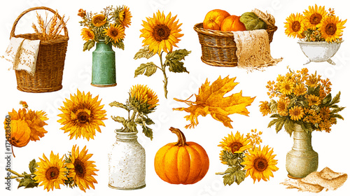 Victor cartoon clipart vintage fall captures cozy autumn harvest theme clipart, featuring small fall flowers, bright sunflowers, burlap textures, shabby chic style, elegant seasonal accents, isolated 