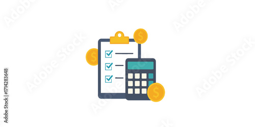 Print  Abstract flat vector of financial planning – clipboard with checklist, calculator, and dollar sign symbols in modern style