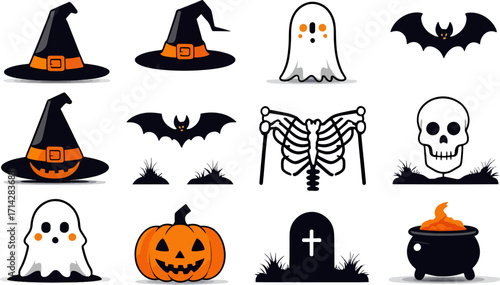 Spooky Halloween Vector Graphics Collection Featuring Classic Symbols like Ghosts, Bats, Skeletons, and Witches Hats