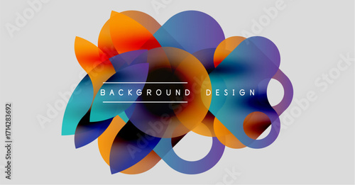 Abstract colorful shapes overlap, creating dynamic background design. Vivid hues blend, offering modern visual impact.