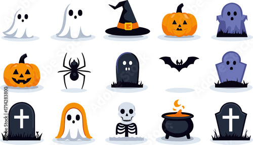 Whimsical Halloween Icon Collection Featuring Ghosts Pumpkins Tombstones and More for Spooky Season Decorations and Creative Design Projects