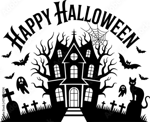 Spooky Halloween Vector Image Featuring Haunted House Graveyard Bats and Black Cat Ready for Creepy Holiday Decor Projects