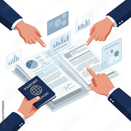 Multiple hands pointing at documents and charts during a business meeting