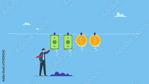 US dollar money hanging dry after laundry or wash metaphor of money laundering. Money laundering and financial crime, cleaning dirty money process, tax cheating or illegal profit.