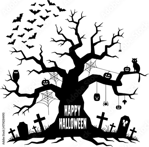 Spooky Halloween Silhouette Scene Graveyard Tree Bats Cat Pumpkins Spider Webs and Message of Happy Halloween for Holiday Decorations