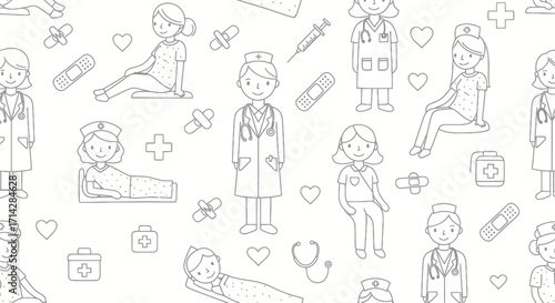 Seamless Pattern of Medical Staff and Supplies in Outline Style.