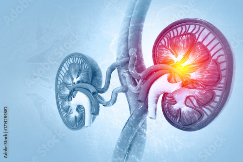 Human kidneys anatomy structure, kidney disease. 3d illustration