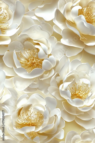 A macro-shot of a seamless floral pattern with large, 3D-rendered white and cream-colored flowers featuring intricate golden stamens, creating a sense of rich texture and luxury.