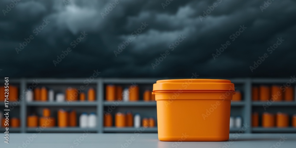 Naklejka premium Disaster Tornado Survival concept. Bright orange container against a stormy backdrop with shelves.
