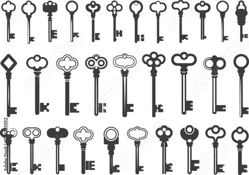 Set of Vintage Antique Keys Silhouettes, Ornate Designs, Classic Lock Symbols, Isolated on White Background