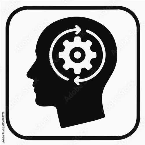 Black and White Head Icon with Gear for Healthy Thinking