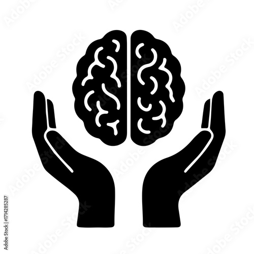 Black and White Icon of Hands Supporting Brain for Psychological Support
