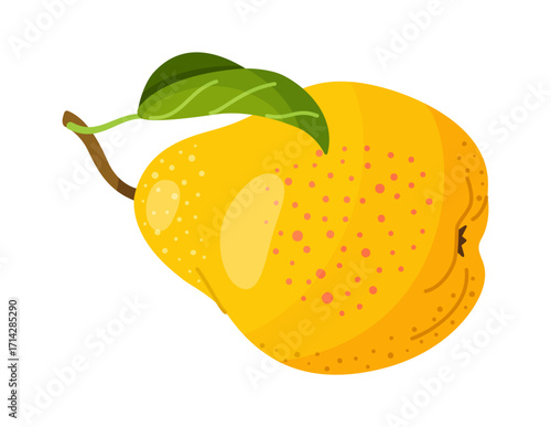 Fresh juicy yellow pear with green leaf. Modern flat style isolated on transparent background. For healthy eating, blogs, packaging, labels, eco friendly, social media, stickers, menu, poster