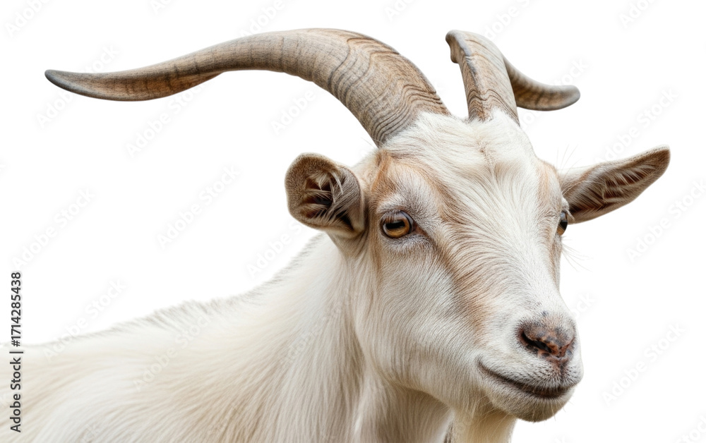 Fototapeta premium White Goat Head with Horns Isolated on Transparent PNG Background