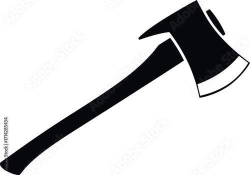 Silhouette of a Classic Wooden Axe, Sharp Blade, Tool for Cutting and Chopping, Isolated on White Background