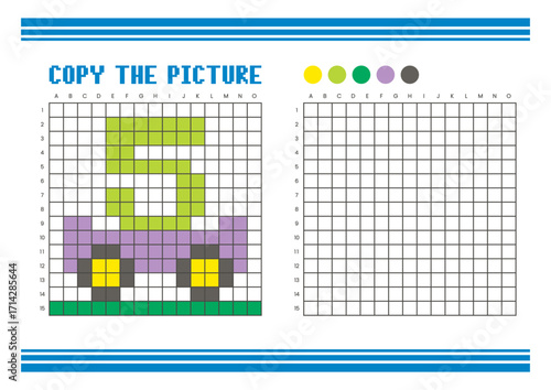 Copy the picture grid drawing worksheet for kids. Pixel art cart and number 5