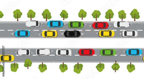 Busy highway traffic with colorful cars and trees lining the road.
