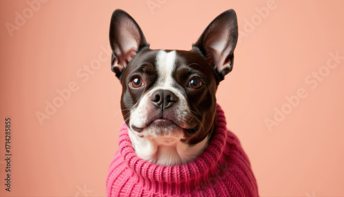 - Dog with pink sweater looking at camera against peach background