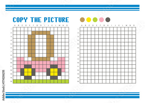 Copy the picture grid drawing worksheet for kids. Pixel art cart and number 0