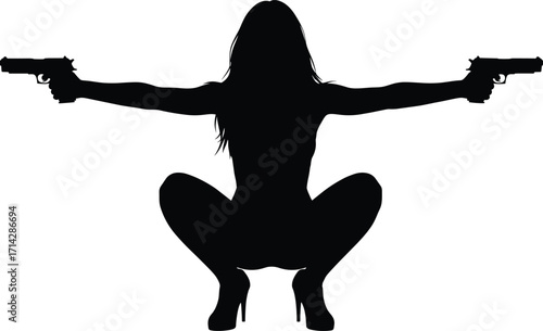 Silhouette of a Woman in Crouching Pose, Holding Two Pistols, Action Stance, High Heels, Isolated on White Background