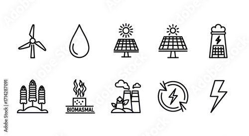 A set of energy and power generation icons in a simple black line art style featuring renewable and alternative sources.