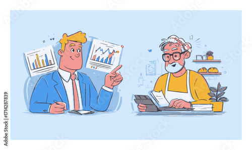 Cartoon Illustration of Businessman and Baker Engaging in Discussion