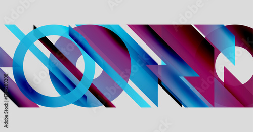 Abstract geometric shapes overlap. Blue, purple hues dominate composition. Modern design, clean lines present visual interest.