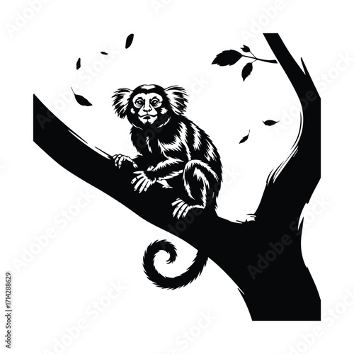Black and White Illustration of a Marmoset Monkey Perched on a Tree Branch Detailed Art