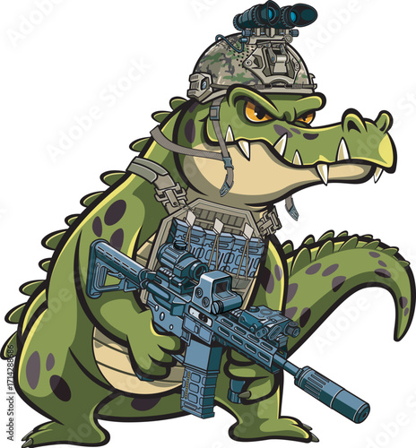 Cartoon style tactical military Crocodile holding assault rifle
