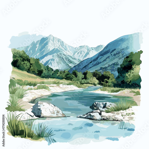 Theth National Park. Theth National Park watercolor vector illustration