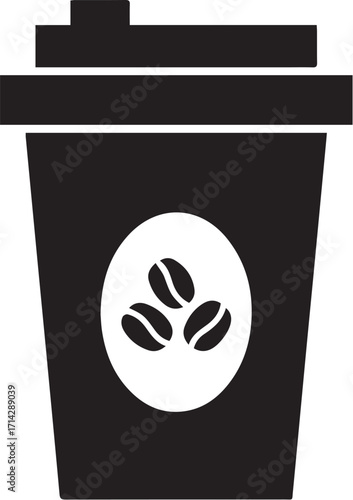 Simple black and white graphic illustration of a disposable coffee cup with three coffee beans on a white circle emblem