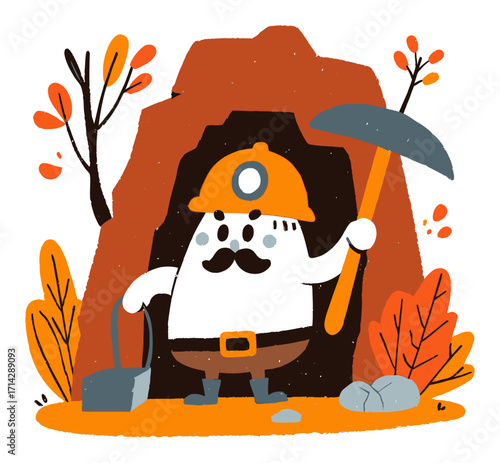 Cartoon Miner Character with Pickaxe and Mining Cave in Autumn Setting
