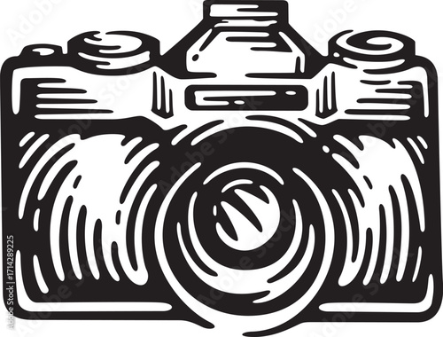 Retro film camera illustration in black and white with a vintage aesthetic and classic design