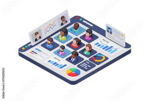 An isometric digital dashboard displaying diverse employee profiles, team management data, and business analytics for efficient human resource operations.
