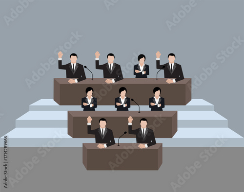 Illustration of a group of people speaking in a conference hall.