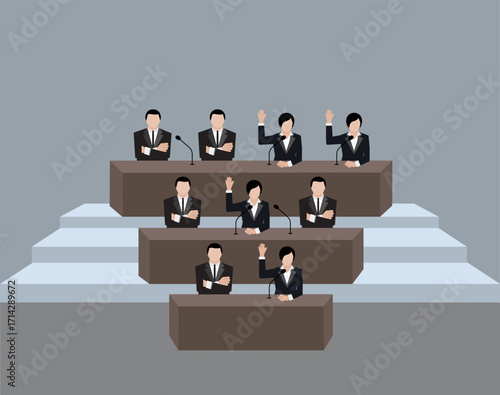 Voter in suit hand up and arm cross for election and hand vote in conferrence room on background