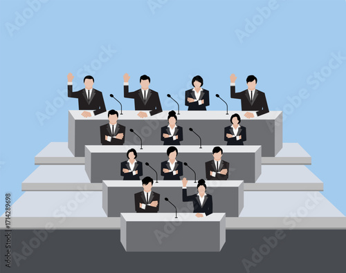 Voter in suit hand up and arm cross for election and hand vote in meeting room on background