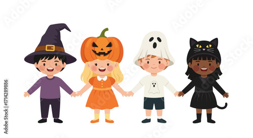 Diverse group of children in Halloween costumes holding hands and smiling.