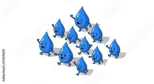 Cheerful Cartoon Water Droplets with Smiling Faces and Arms.
