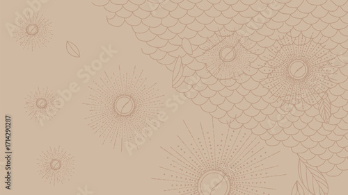 Beige background with faint drawings of fish scales and circular sunburst designs in a scattered pattern