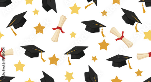 Repeating seamless pattern of black graduation mortarboard caps diplomas and golden stars.