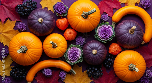 Orange and purple pumpkins, autumn leaves, and flowers arranged on a purple background, showcasing autumn harvest and Thanksgiving themes, ideal for seasonal designs