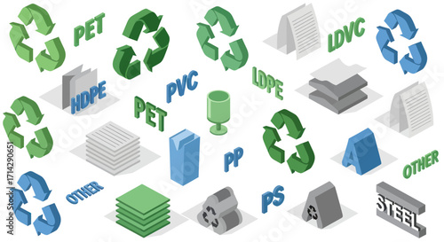 Recycling Symbols and Materials for Waste Management Icons.