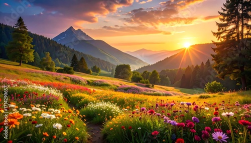 Fototapeta Naklejka Na Ścianę i Meble -  A vibrant meadow erupts in wildflowers beneath a radiant sunset, mountains in the distance, creating a breathtaking scene