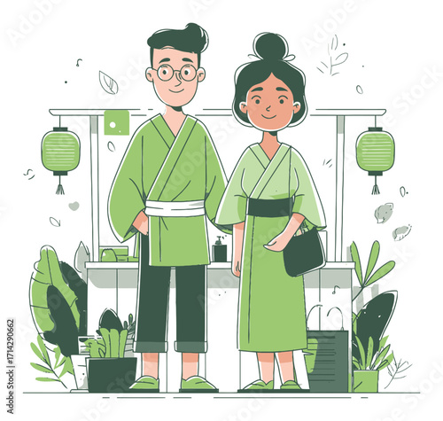 Charming Cartoon Illustration of Two Characters in Traditional Attire