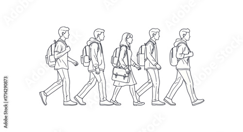 Line Drawing of Students Walking to School.