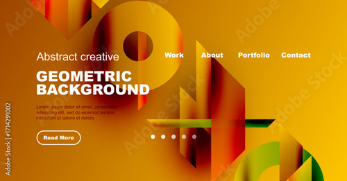 Abstract geometric background with vibrant colors. Website header includes navigation options, text, button. Modern design elements present.