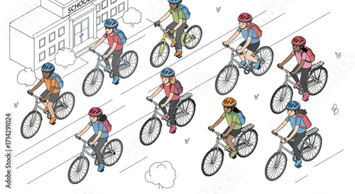 Isometric View of People Riding Bicycles on a Street with Building.